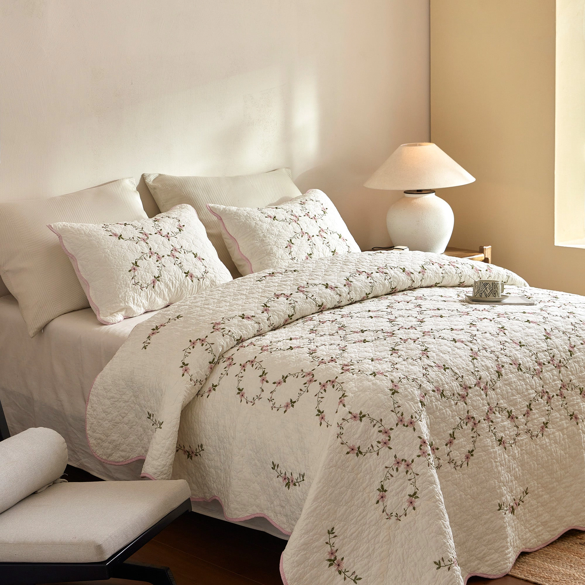 MarCielo 3 Piece 100% Cotton French Country Floral Quilt Bedspread Set