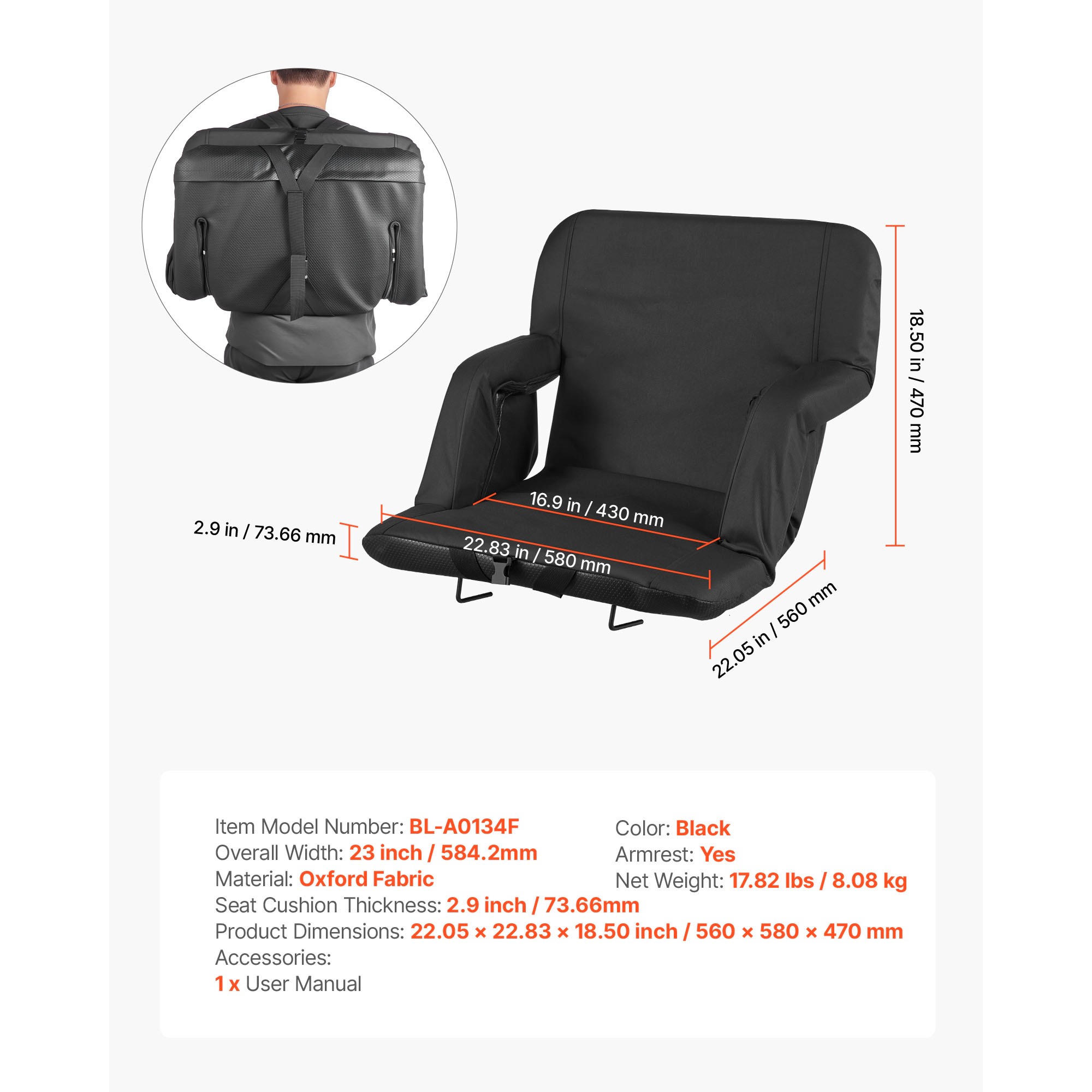 HONGGE Stadium Seat, 6 Adjustable Angle Bleacher Chair, Cushion Stadium Seat with Back Support and Armrest
