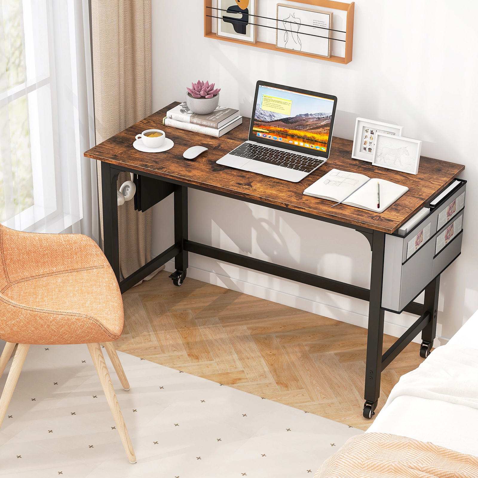 SUGIFT 48-Inch Rolling Computer Desk, Rustic Brown, 220-lb Capacity, Locking Wheels and Storage Bag