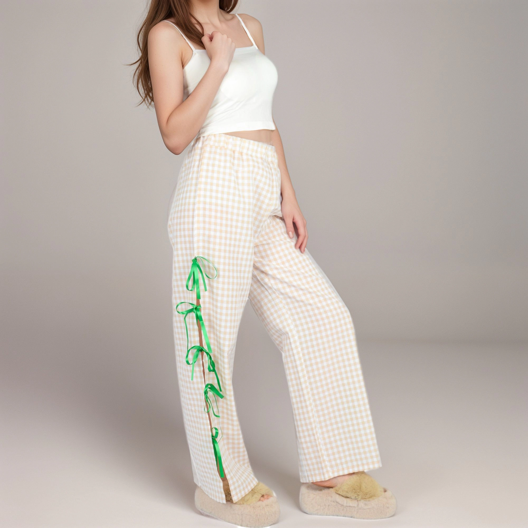 Anna-Kaci Women's Gingham Wide Leg Pants with Elastic Waistband Contrast Side Ribbon Tie Details Design