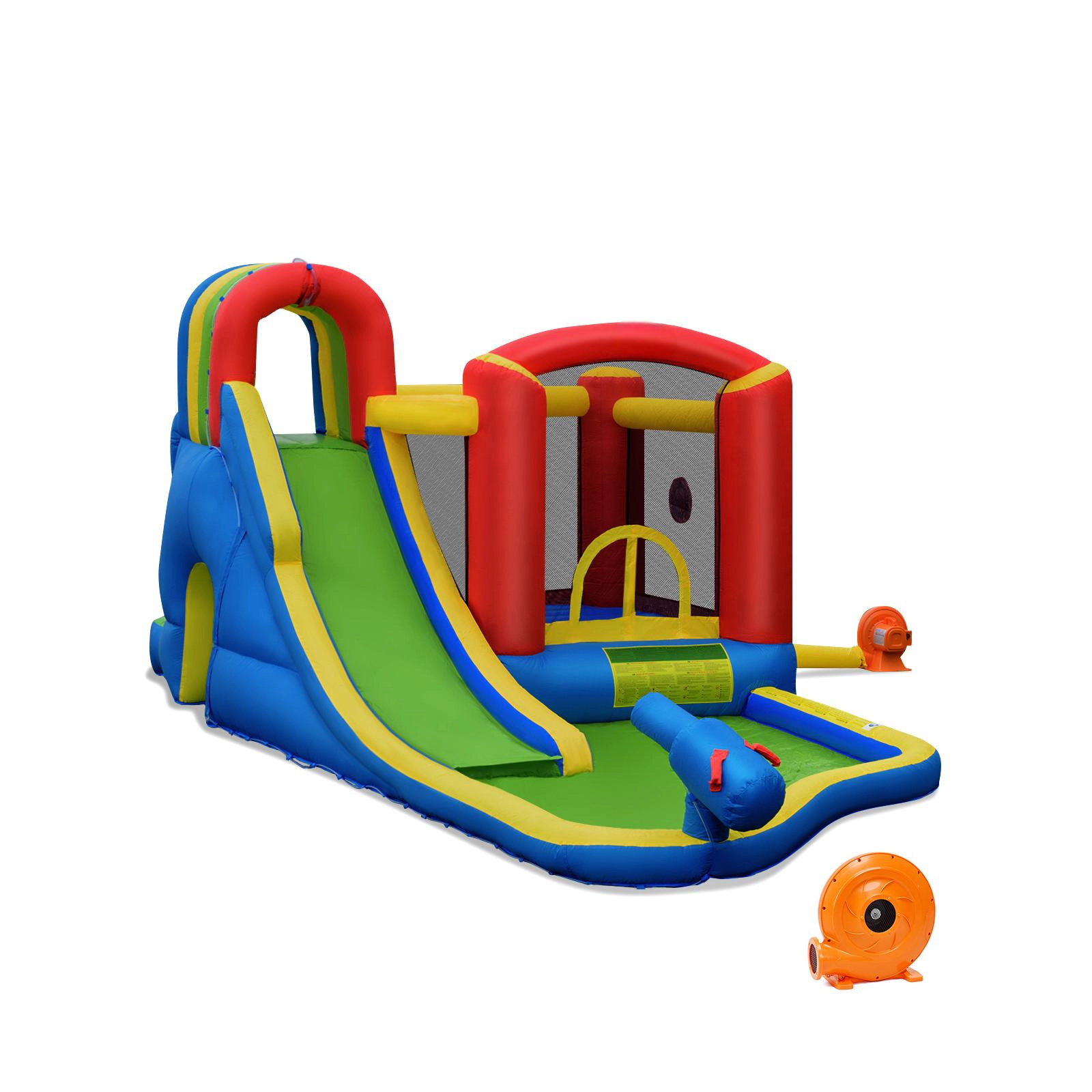 SUGIFT Inflatable Bounce House Castle with Curved Water Slide Tunnel Dart Board and 740W Blower
