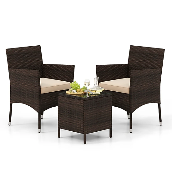 Hivvago 3 Pieces Outdoor Conversation Set with Cushioned Seat and Glass Tabletop