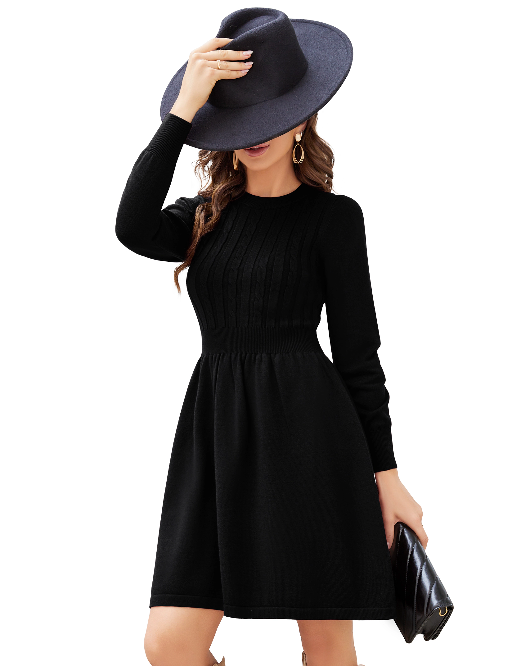 KOJOOIN Women's Knit Sweater Dress Long Sleeve Cinched Waist A‑Line Short Swing Fall Winter
