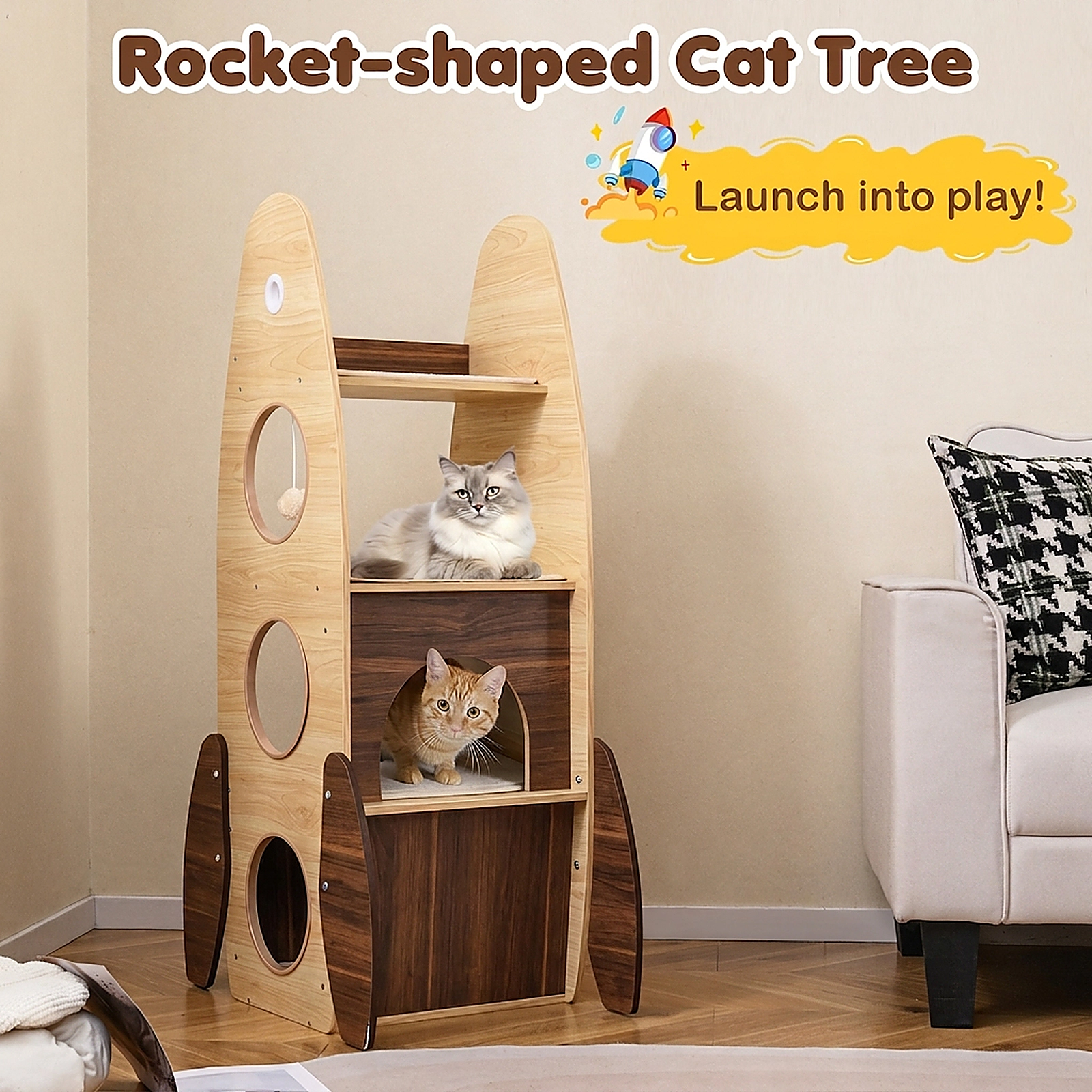 SUGIFT 47-in Rocket-Shaped Large Wooden Cat Tree Tower with Guardrail Top Perch 3 Entries and Sisal Pad