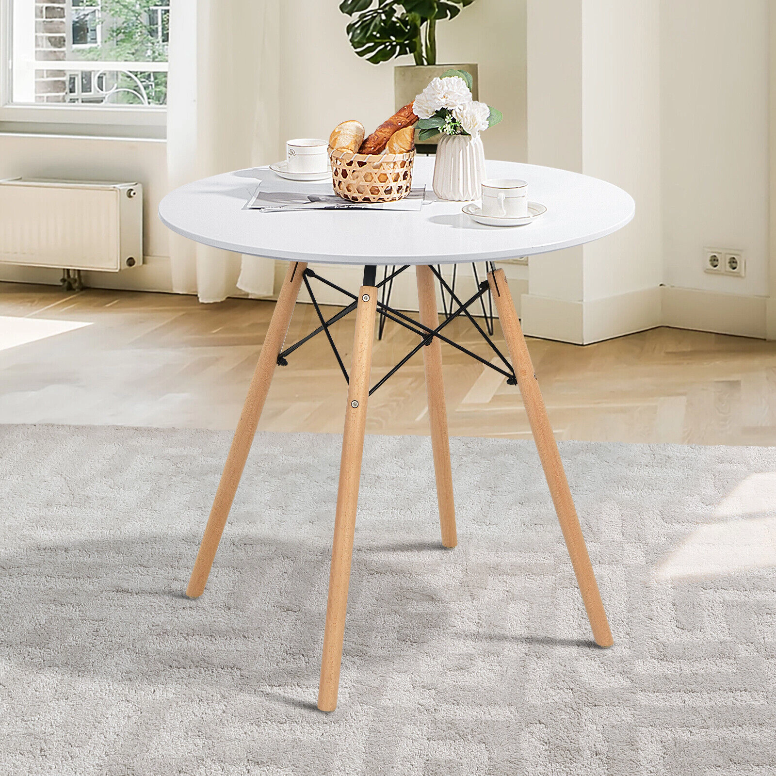 LJG Round Modern Dining Table with Solid Wooden Leg