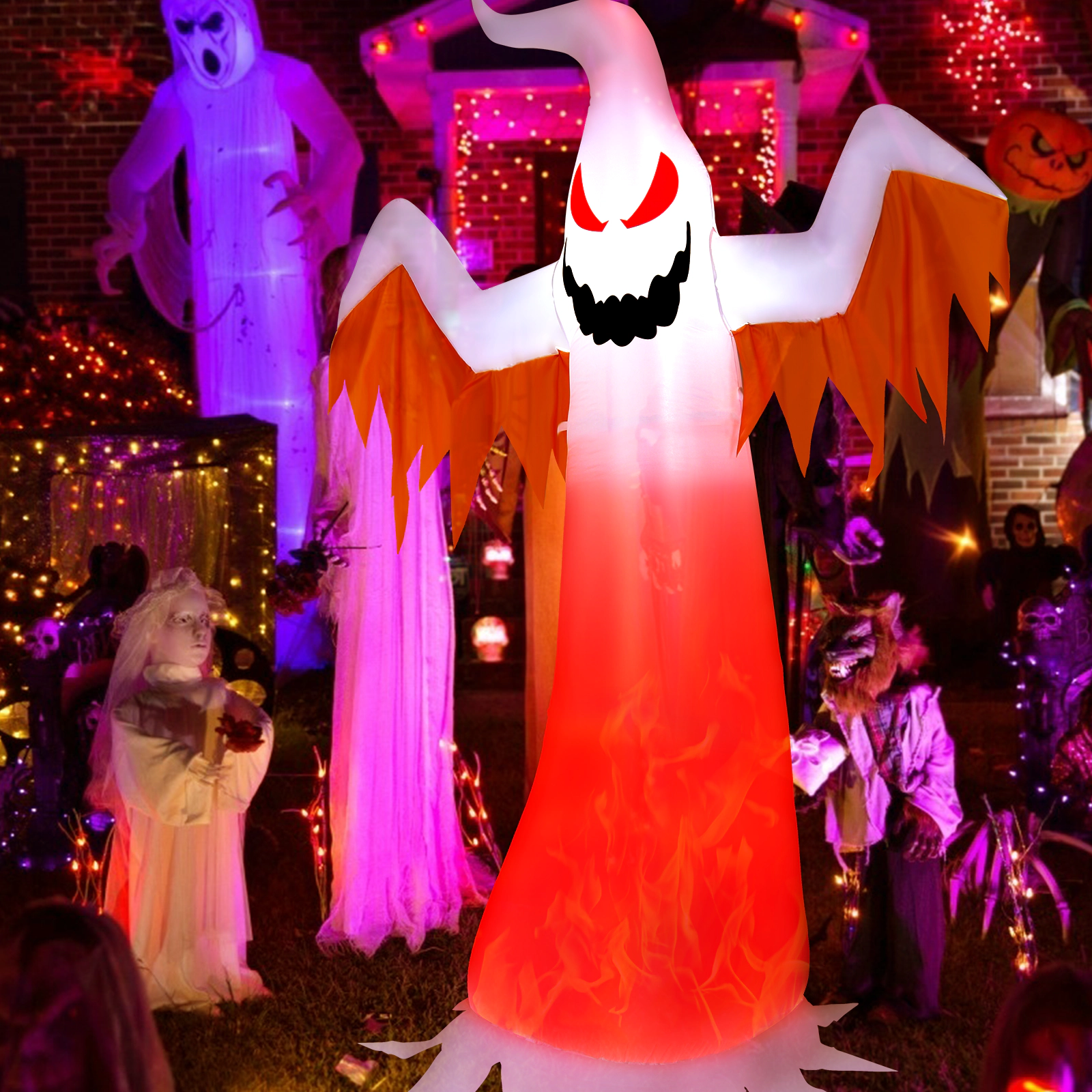 LJG 8 Feet Halloween Inflatable Ghost with Rotatable Flame LED Lights