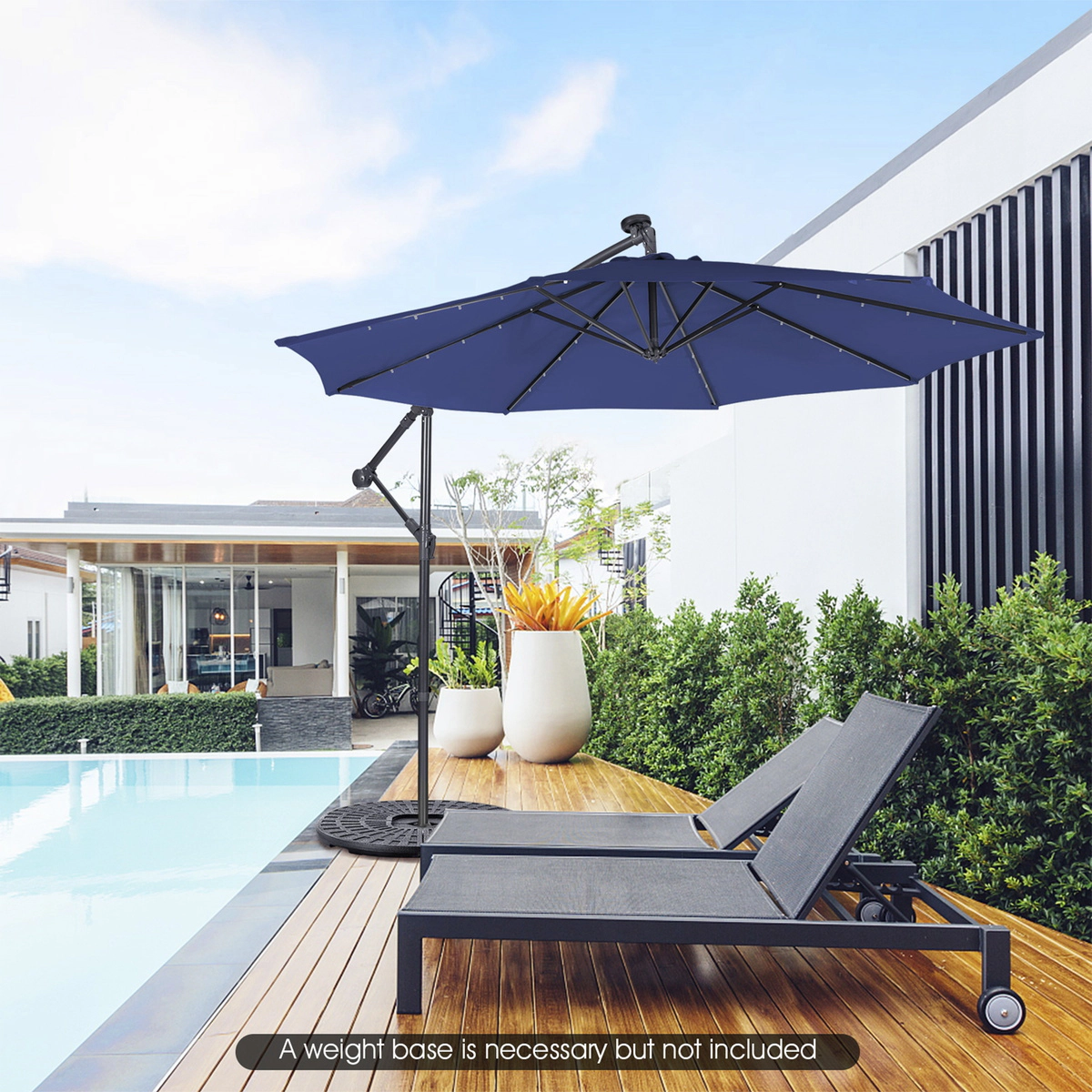 SUGIFT Solar Powered Cantilever Patio Umbrella with Tilting System and 32 LED Lights 10-ft Navy