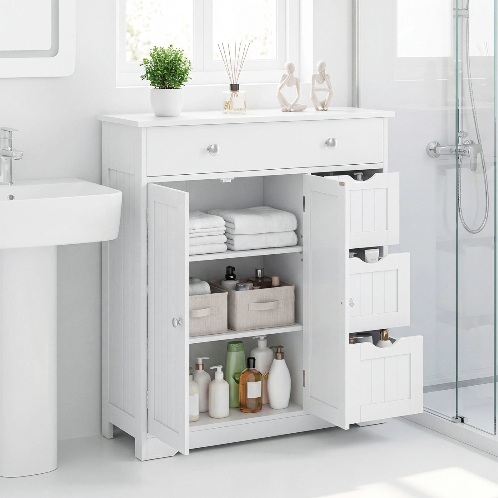 SUGIFT White 320-lb Capacity 4-Drawer 2-Door Bathroom Floor Storage Cabinet with Fixed and Adjustable Shelves