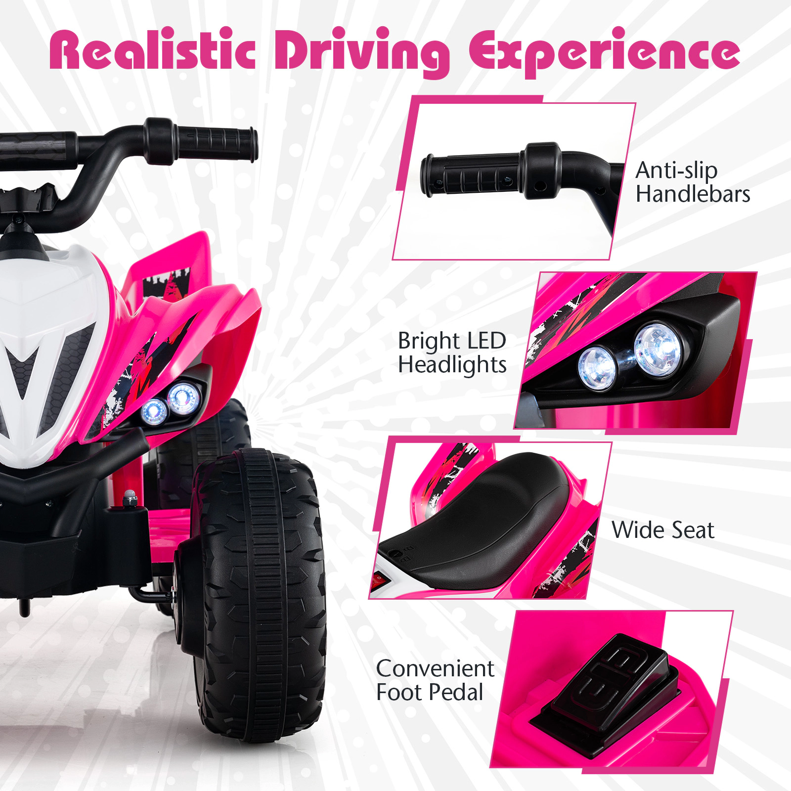 SUGIFT Pink LED Lights and 7 mph Top Speed 12V Kids Ride On ATV 4-Wheeler Quad