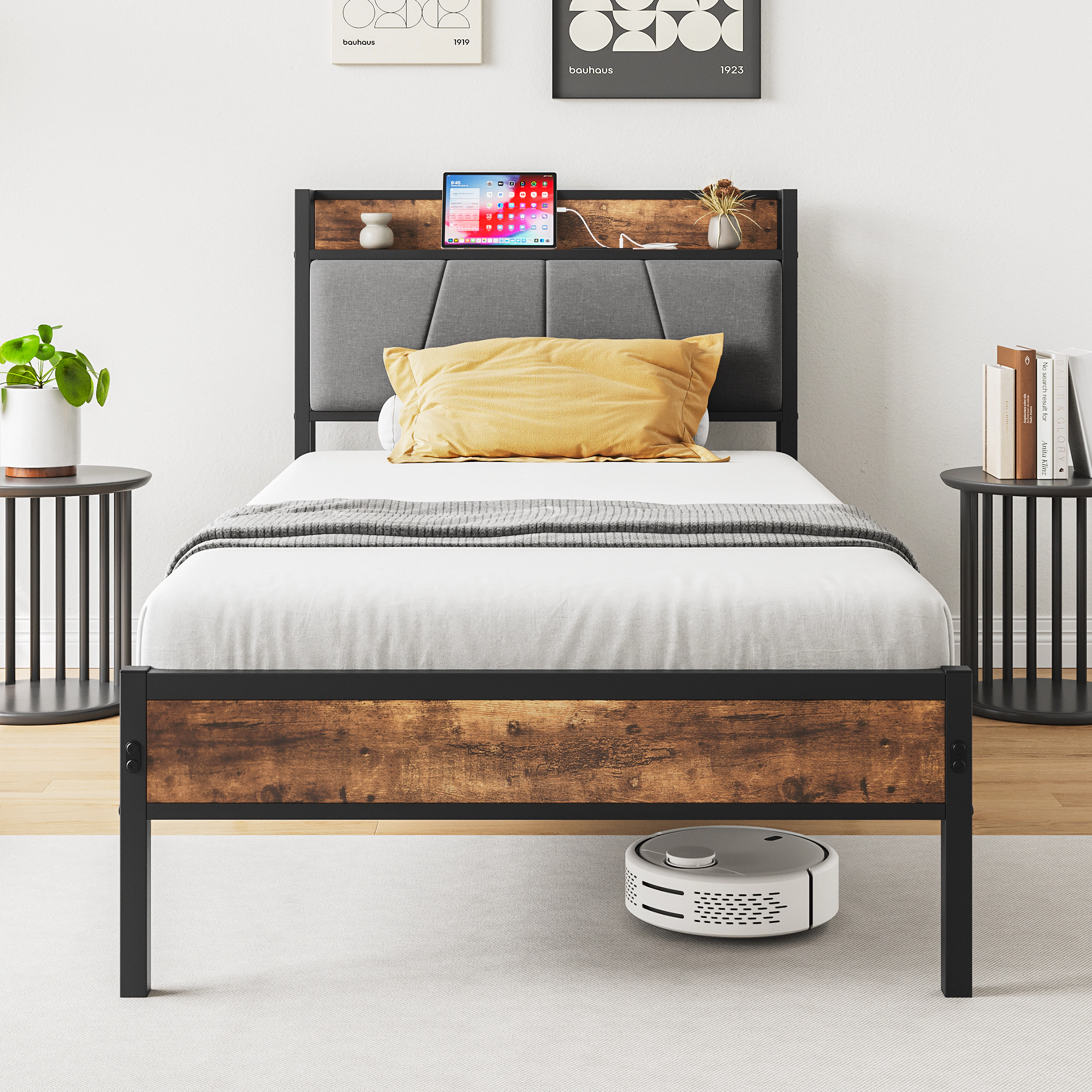 Flynama Twin Bed Frame with Storage Headboard & Charging Station, No Box Spring Needed