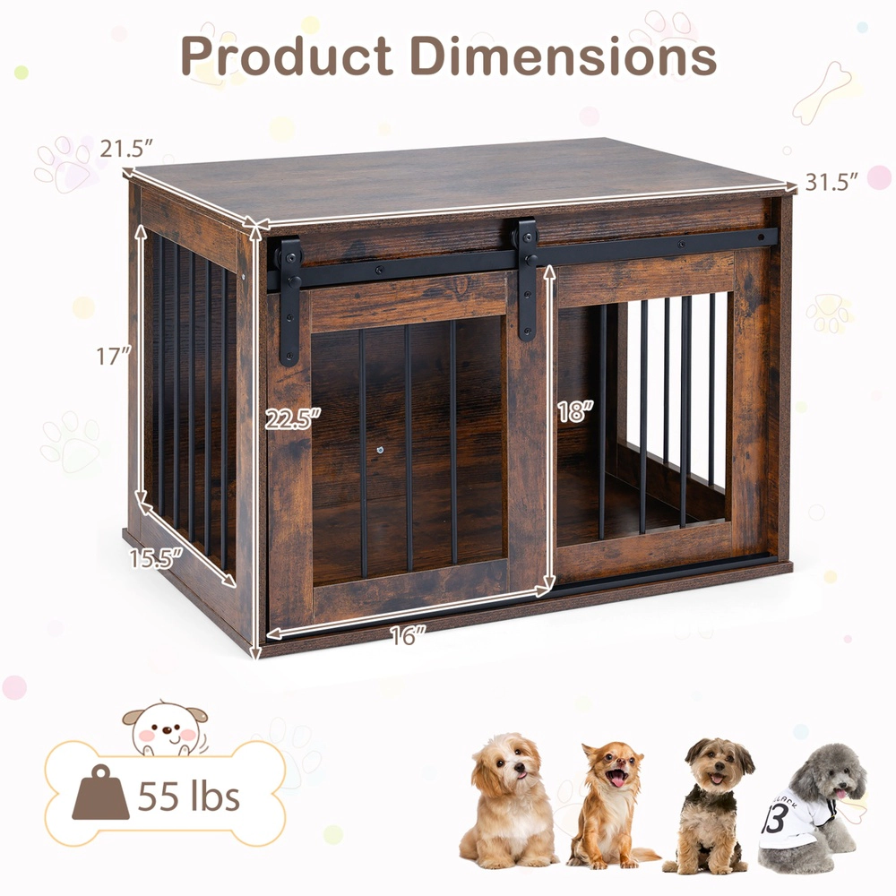 SUGIFT Rustic Brown Dog Crate Furniture Kennel with Space-Saving Sliding Barn Door and Metal Side Slats