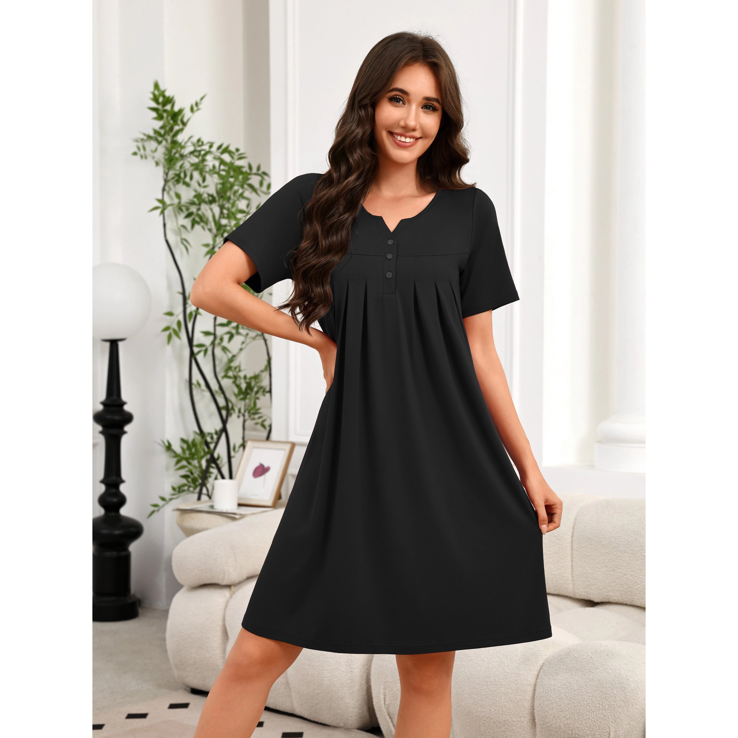 Ekouaer Women's V-Neck Short Sleeve House Dress