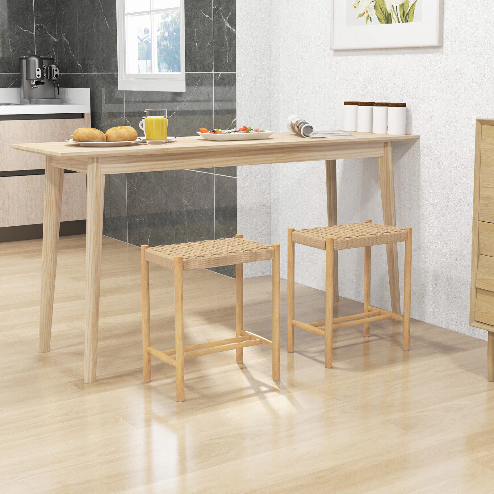 SUGIFT Woven Paper Rope Seat and Rubber Wood Frame Set of 2 Natural 18 in Dining Stools