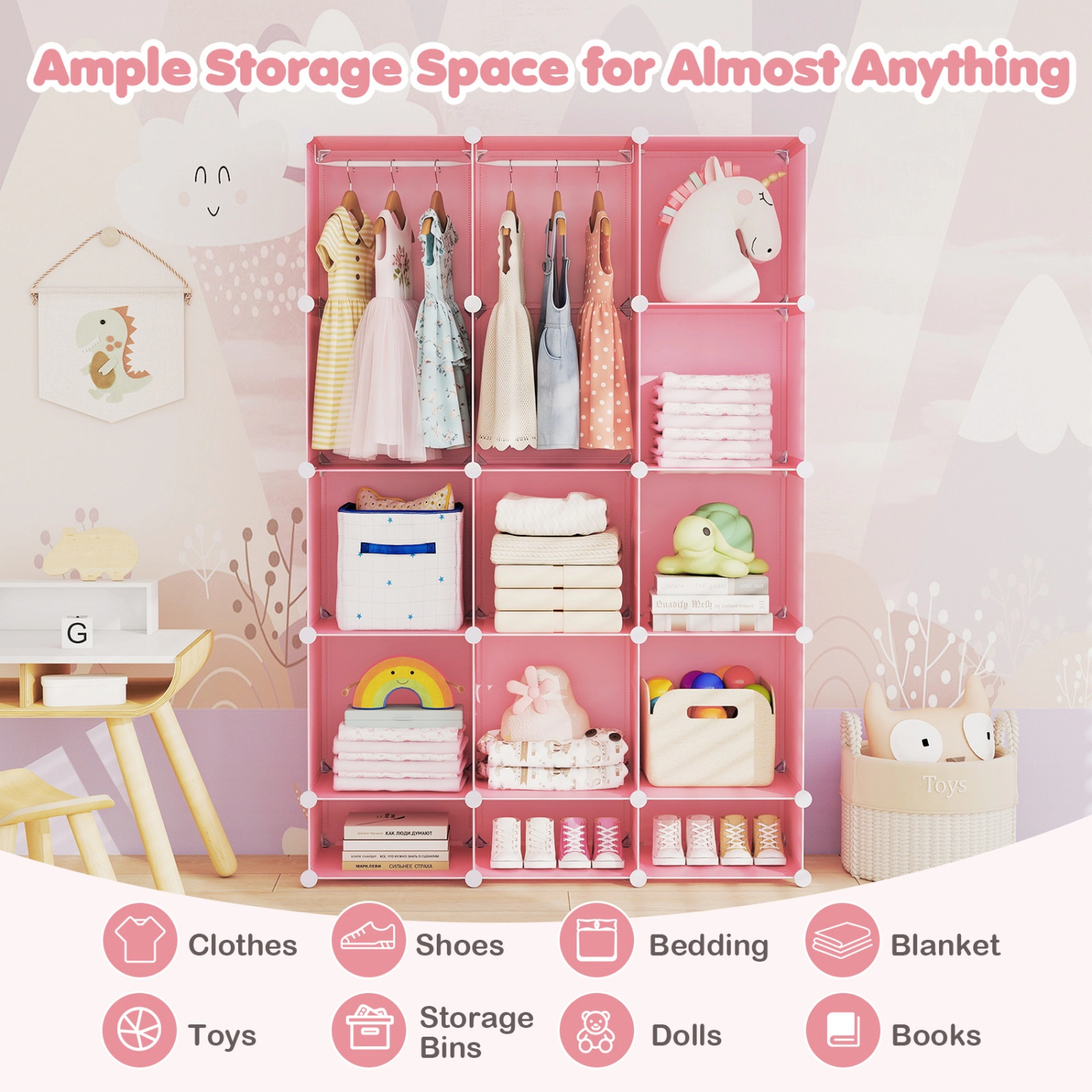 SUGIFT Kids 13-Cube Stackable Hanging Rods Modular Wardrobe Closet 43-in x 14-in x 63-in 6.5-lb per Cube Pink