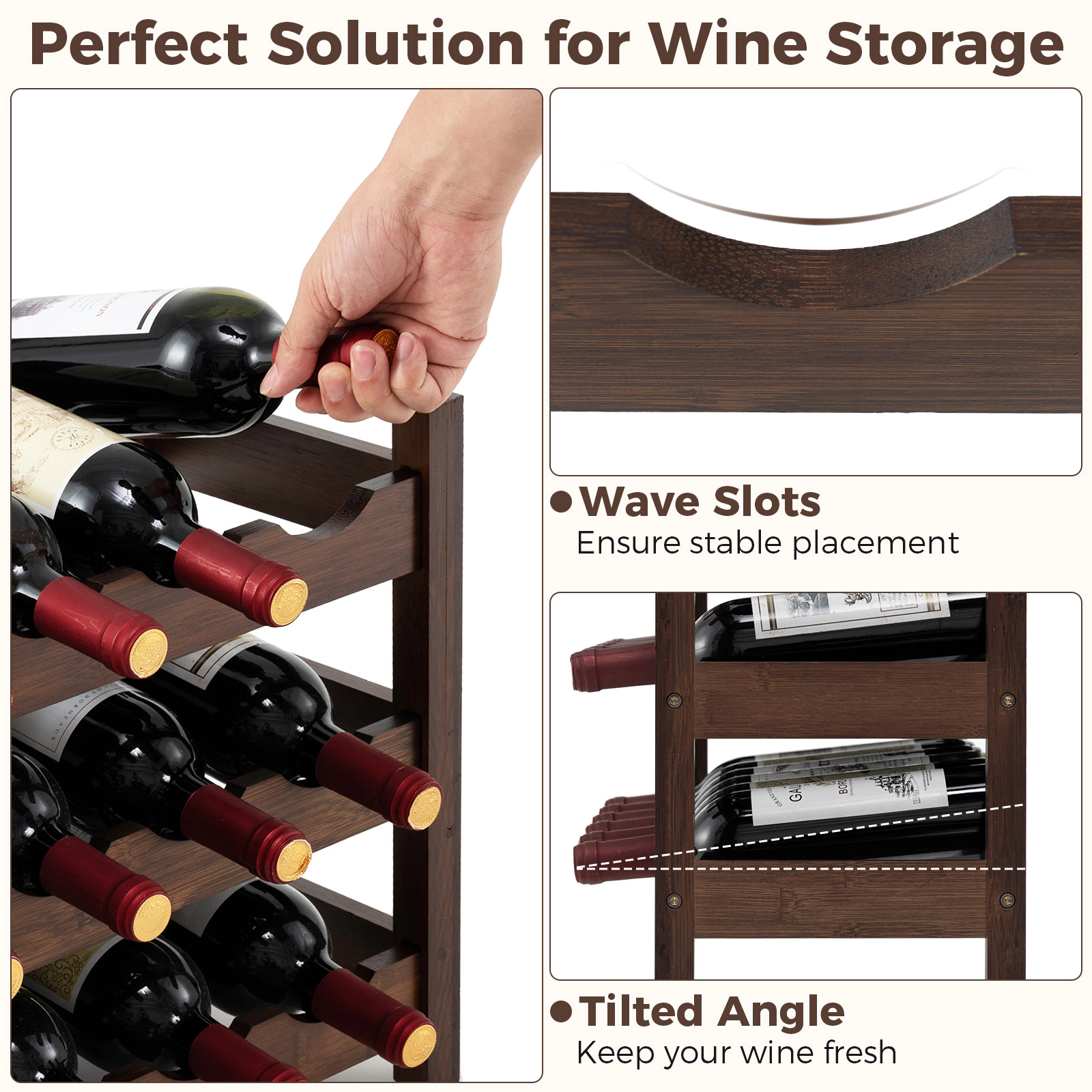 SUGIFT Coffee 3-Tier Bamboo Countertop Wine Rack 18-Bottle Freestanding Storage Shelf for Kitchen Bar