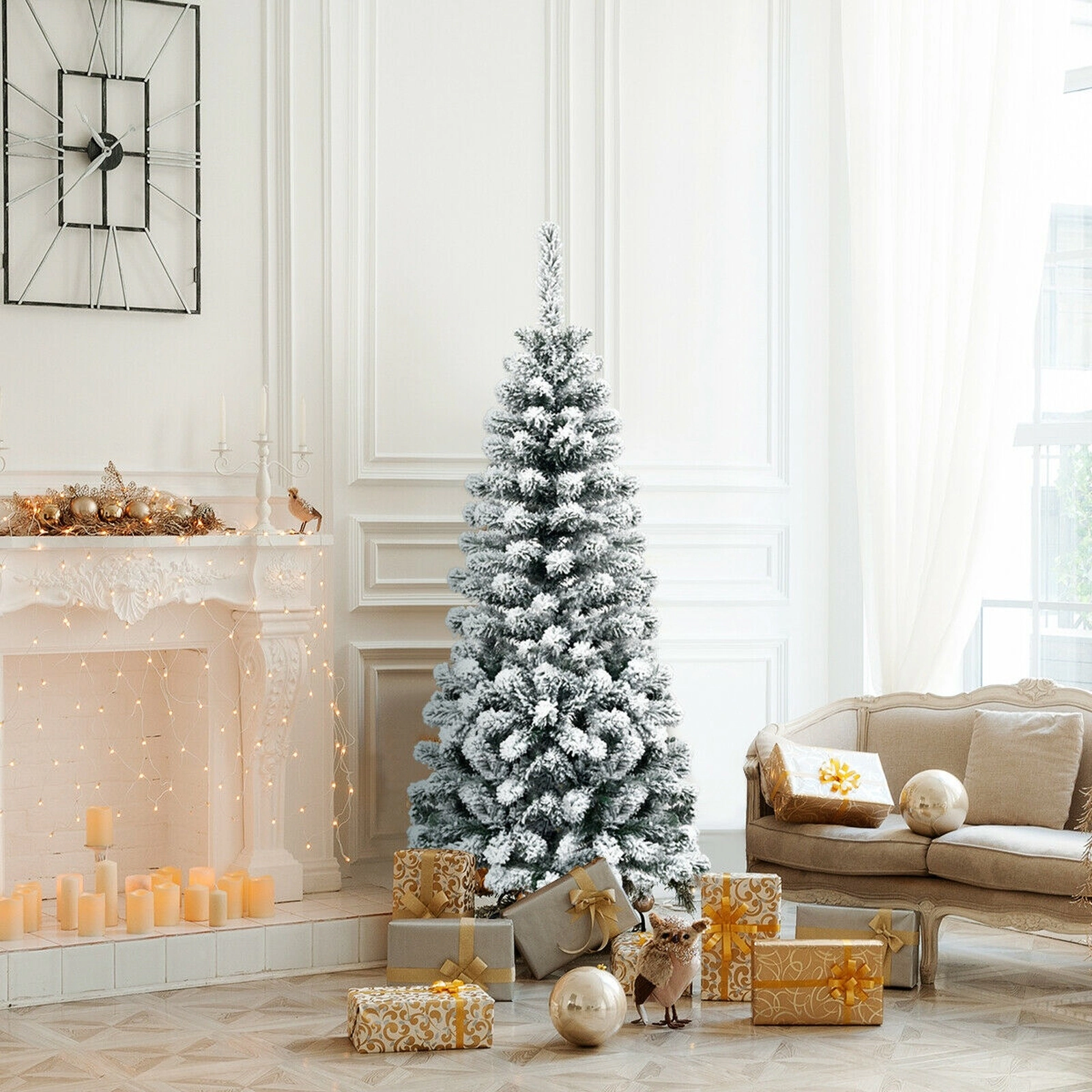 SUGIFT 4.5-ft Unlit Hinged Snow Flocked Artificial Pencil Christmas Tree 242 Tips 1.8-ft Wide 14-in Metal Stand White