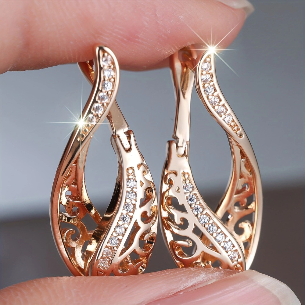 Rose Gold Hollow Filigree Twist Cubic Zirconia Huggie Drop Earrings for Women