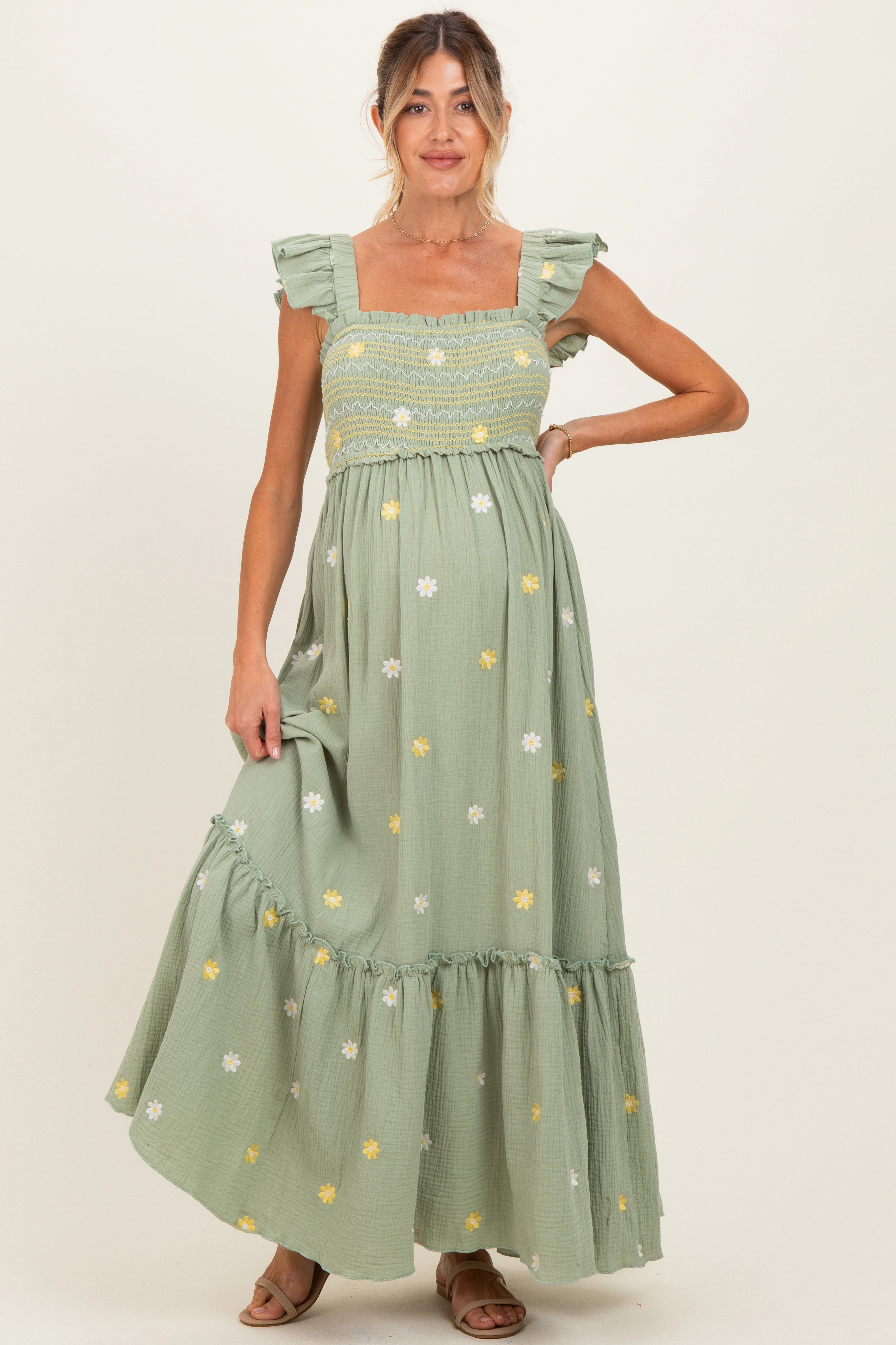PinkBlush Womens Green Floral Embroidered Smocked Maternity Maxi Dress