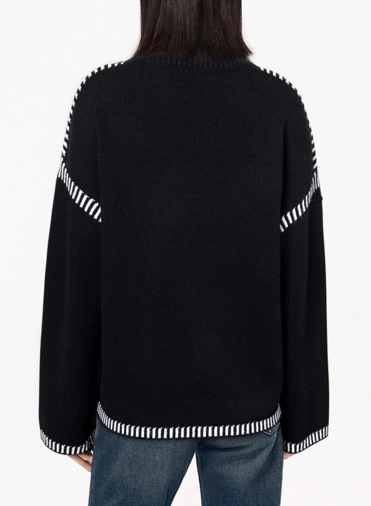 KOJOOIN Women's Contrast Stitch Sweaters Oversized Knit Pullover Loose Stitched Trim Fall Winter Tops