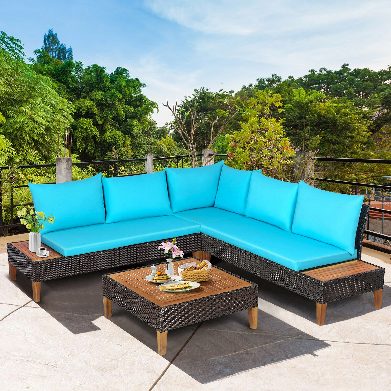 LJG 4 Pieces Patio Cushioned Rattan Furniture Set with Wooden Side Table