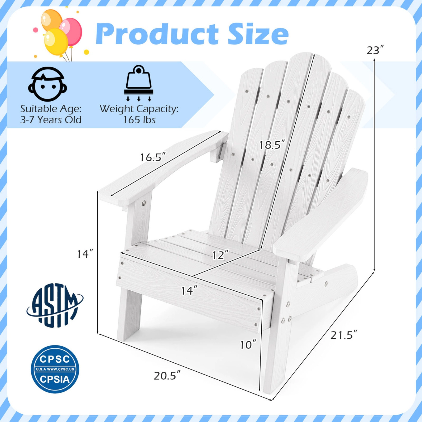 SUGIFT All-Weather HIPS Kids Adirondack Outdoor Chair 165-lb Capacity Ages 3-7 11.5-lb Single Chair White