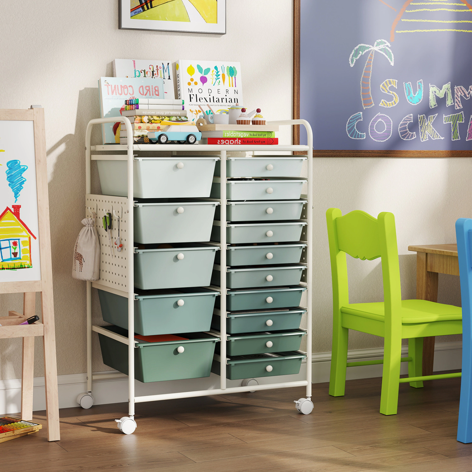 SUGIFT 15-Drawer Rolling Storage Cart with Metal Tabletop and Pegboard 34.5-in Tall Green