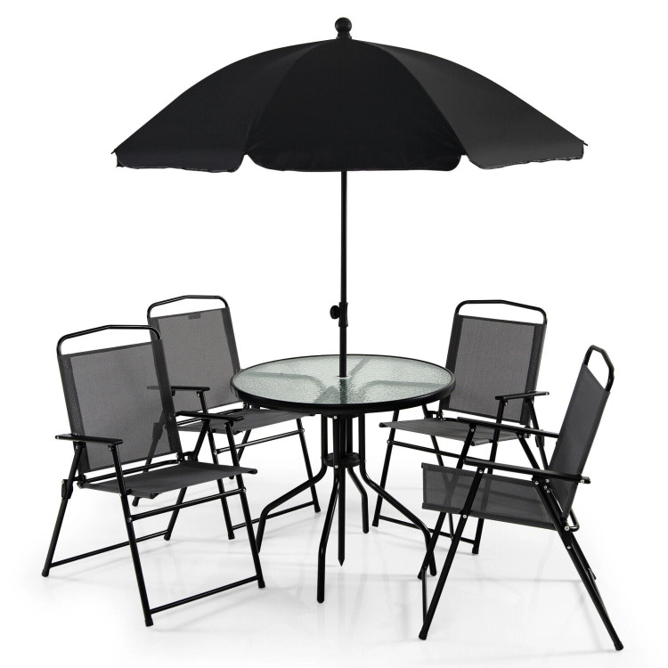 Hivvago 6 Pieces Patio Dining Set Folding Chairs Glass Table Tilt Umbrella For Garden