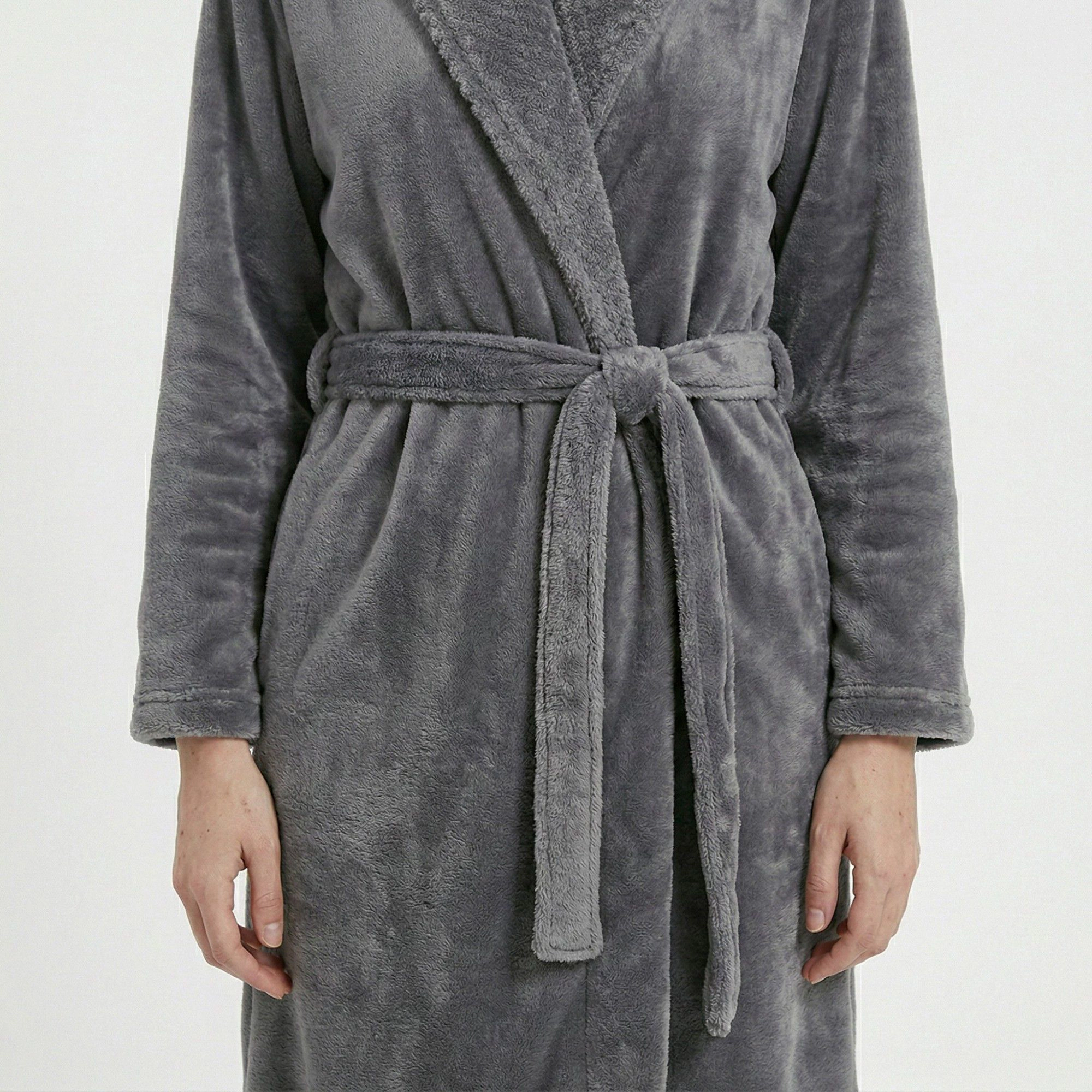 Anna-Kaci Women's Plush Long Sleeve Shawl Collar Bathrobe with Waist Tie Belt and Front Patch Pockets