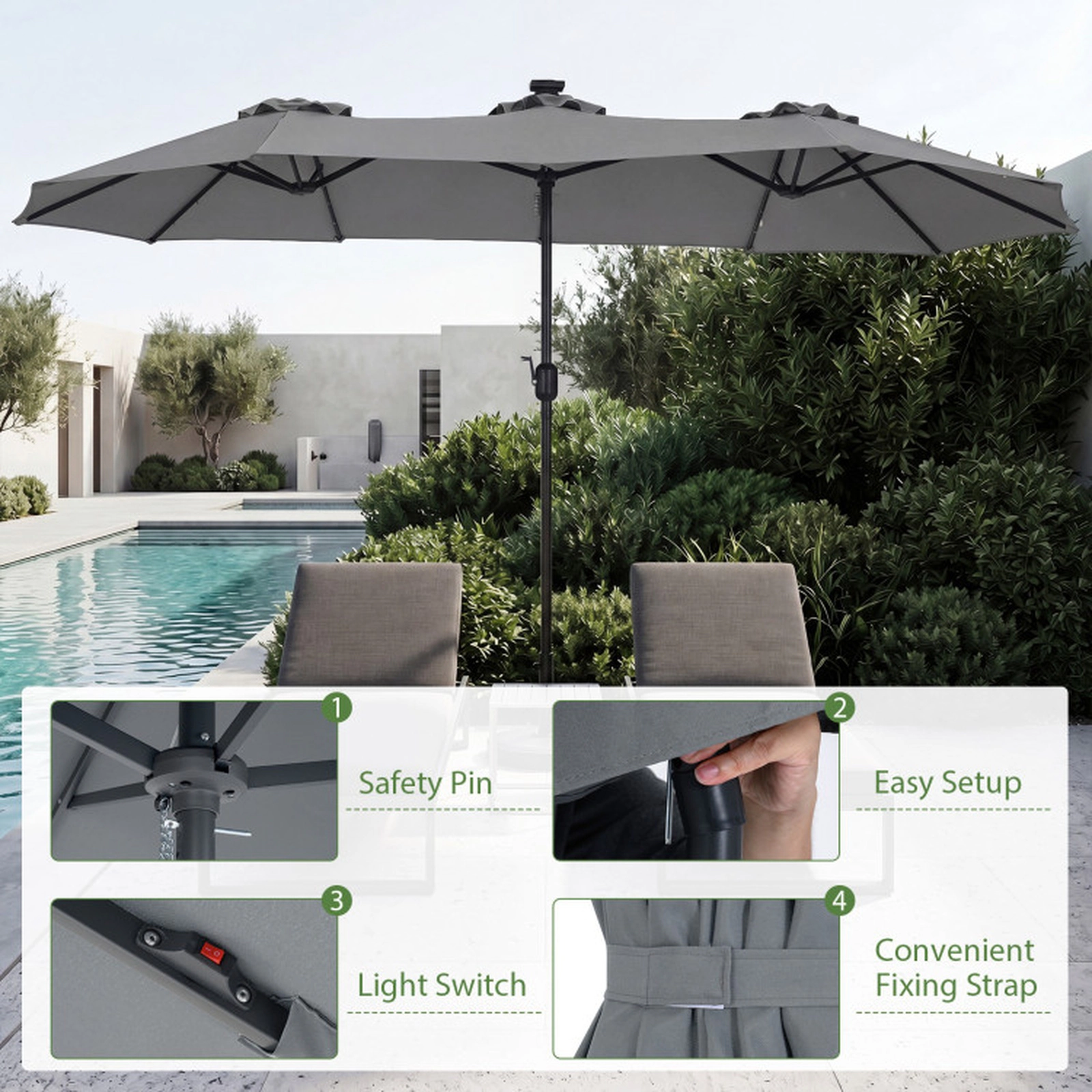 SUGIFT Solar LED Double-Sided Rectangle Patio Market Umbrella 13-ft Canopy Gray