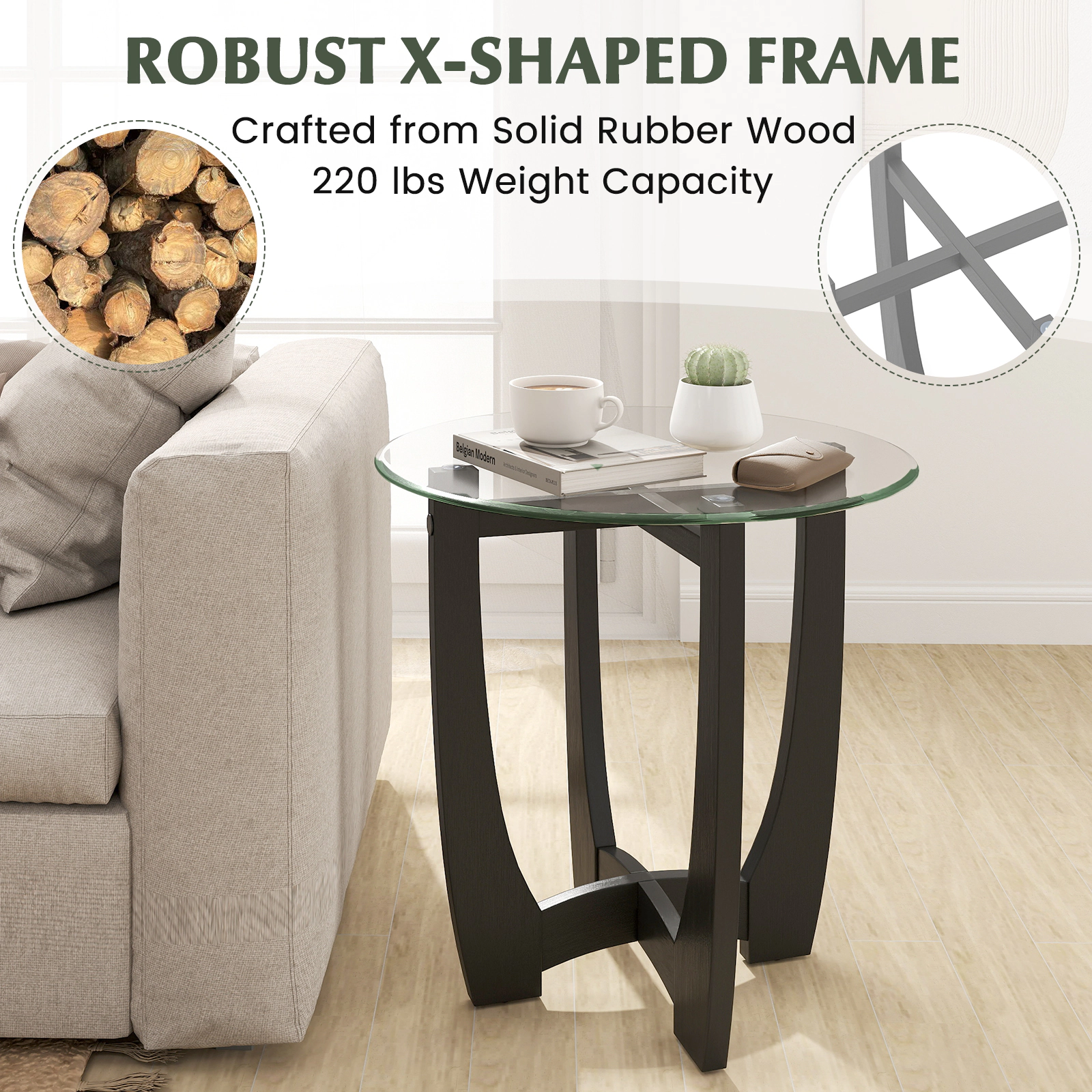 SlickBlue Round Glass Accent Table, X-Shaped Wooden Frame, Tempered Glass Top for Living Room Bedroom
