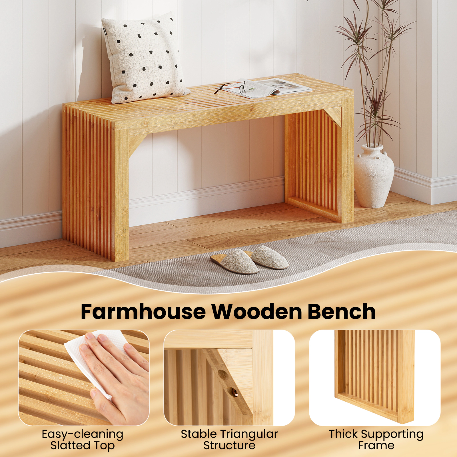 LJG Bamboo Dining Bench Long Entryway Bench Indoor Outdoor Solid Wood Bench