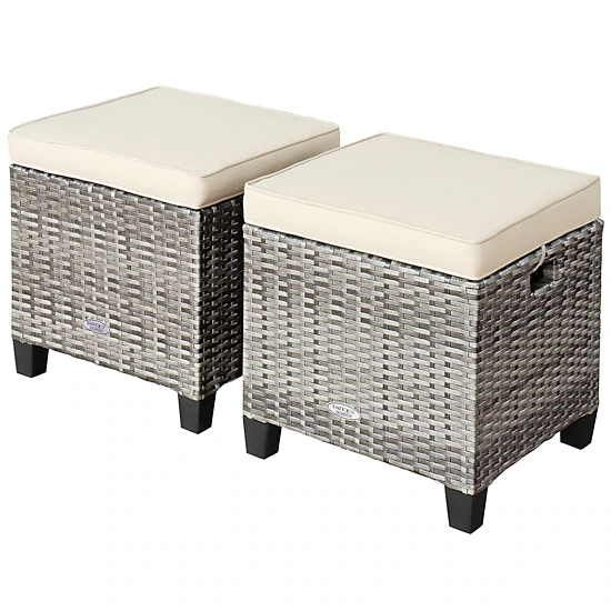 SUGIFT 2-Piece Beige PE Rattan Outdoor Patio Ottoman Set with Removable Cushions