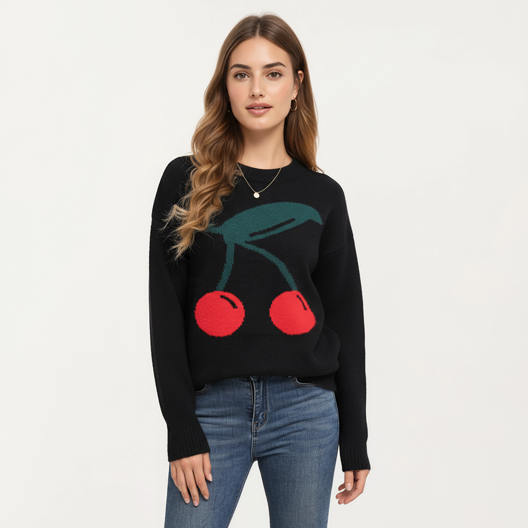 Anna-Kaci Women's Cherry Graphic Fuzzy Knit Sweater with Textured Soft Feel Ribbed Crew Neckline and Relaxed Fit