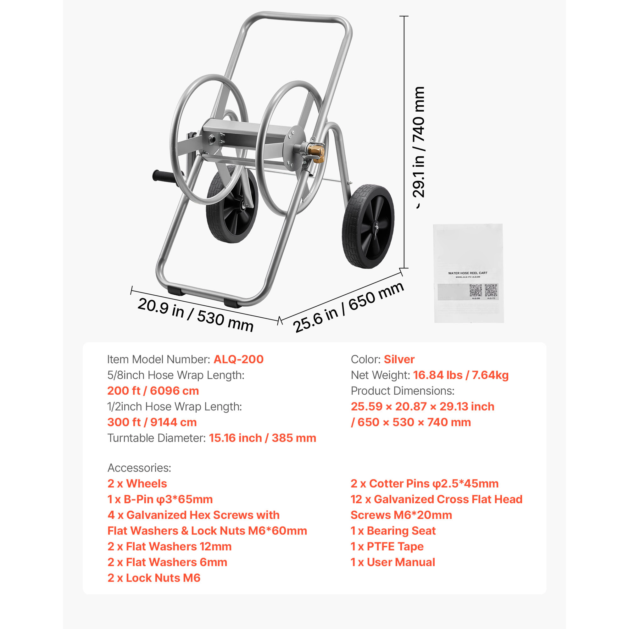 HONGGE Heavy-Duty Garden Hose Reel Cart with Two Wheels, Handle & Mesh Storage Basket, Portable for Garden Car