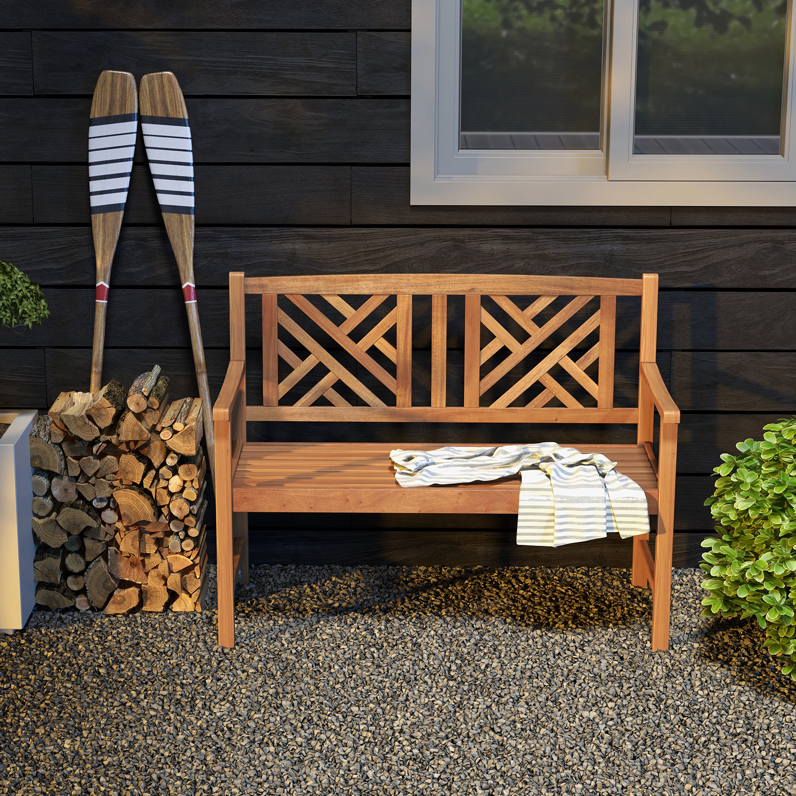 Hivvago 2-Person Wood Outdoor Bench With Cozy Armrest And Backrest