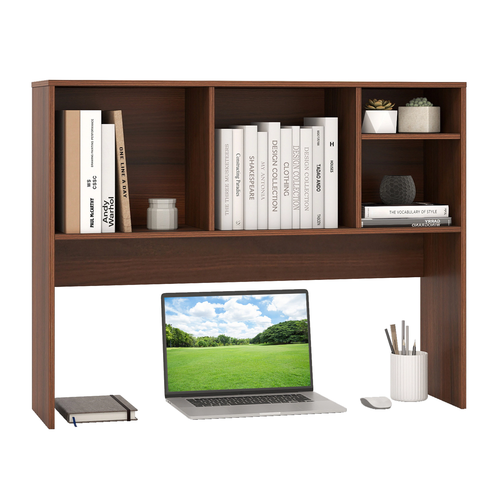 SUGIFT 145-lb Capacity Walnut 37-in Desktop Bookshelf Desk Hutch with 4 Cubbies Open Back Monitor Bay