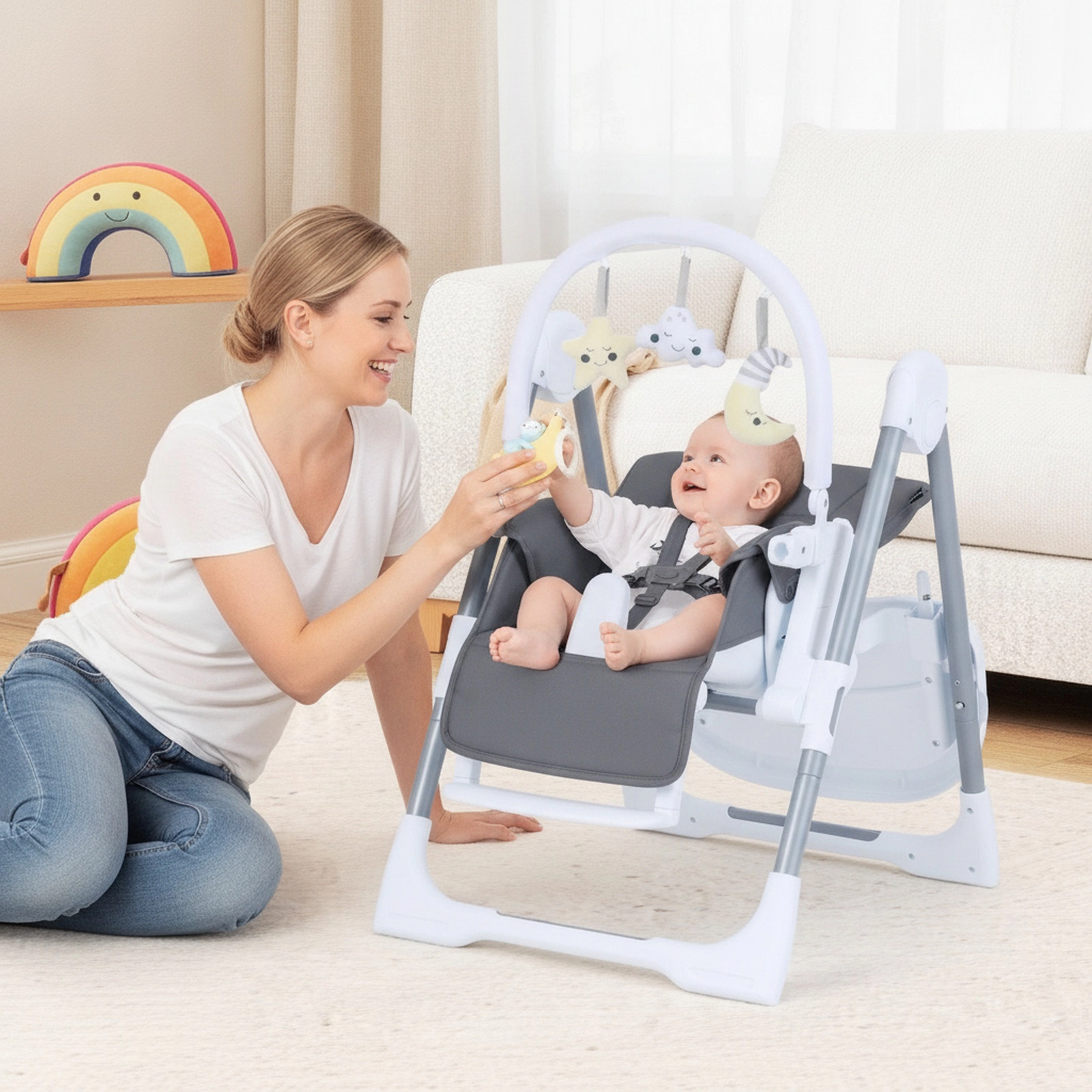 Foldable Baby High Chair Removable Toy Bar Reclining Backrest Dishwasher-Safe Double Trays for Toddlers Dark Gray