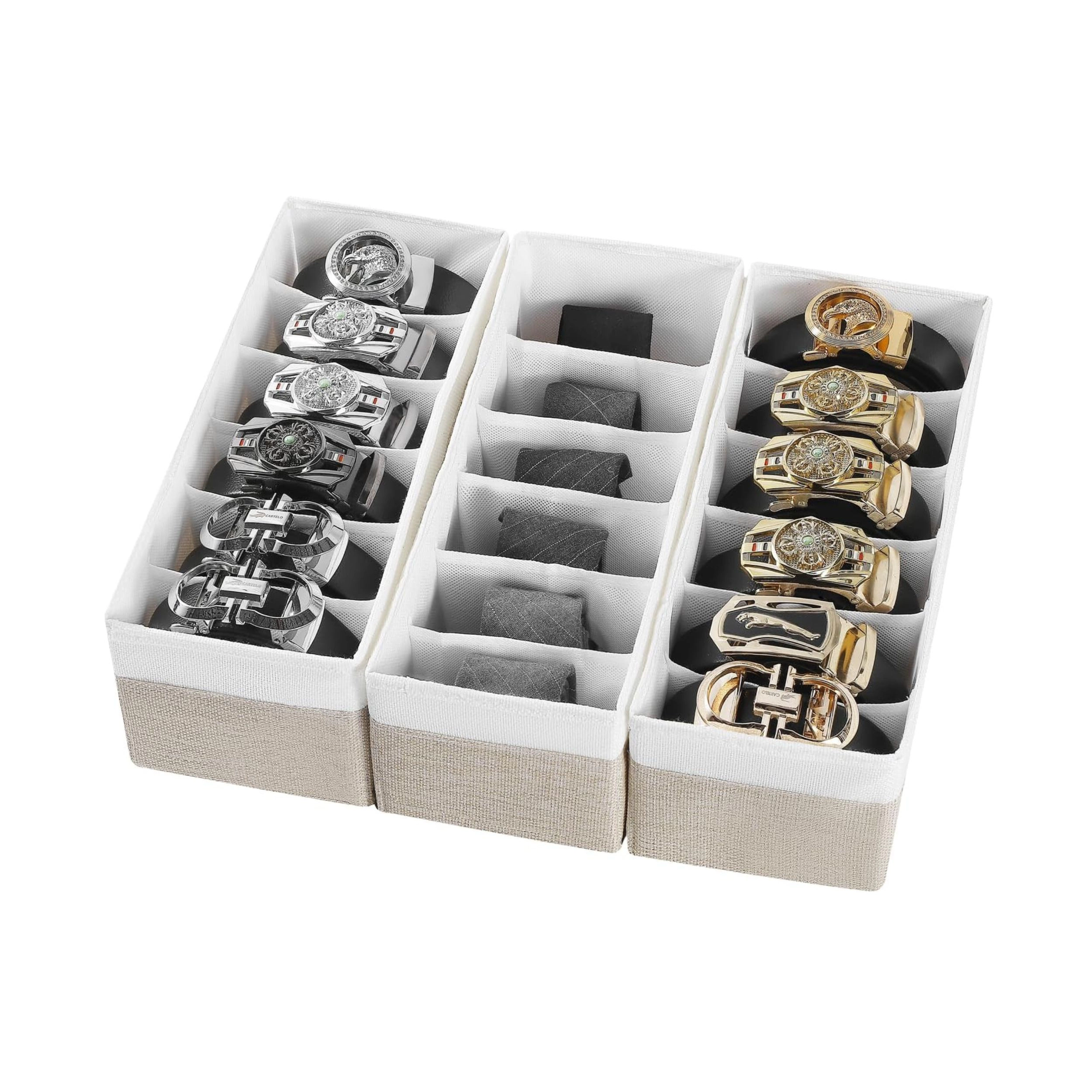 Stock Preferred Pack of 3 Fabric Belt Organizer with 6 Grid Foldable Closet Drawer Storage