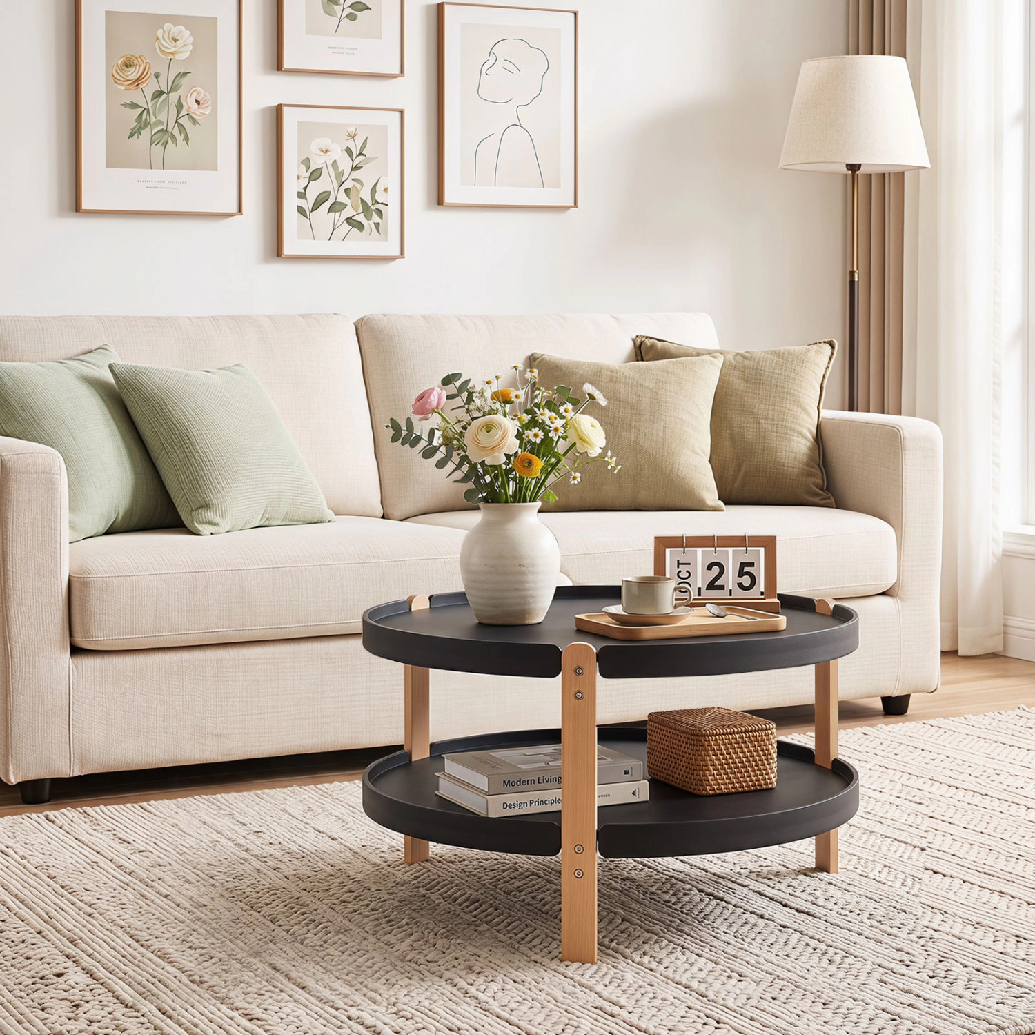 LJG 23.5" 2-Tier Round Coffee Table with Solid Wood Legs and Open Storage Shelf