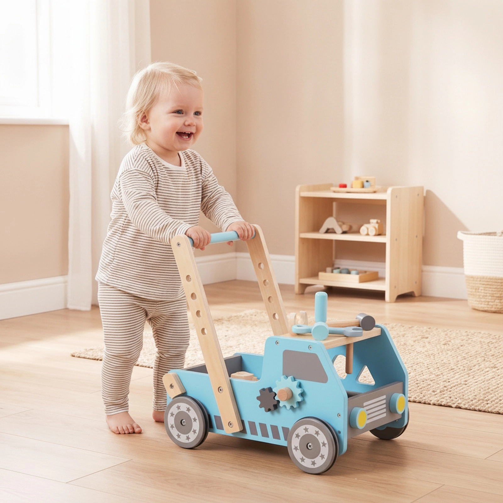 2-in-1 Wooden Kids Tool Bench with Truck Shaped Push Walker 2 Speed Settings and Bottom Toy Storage Blue Workbench