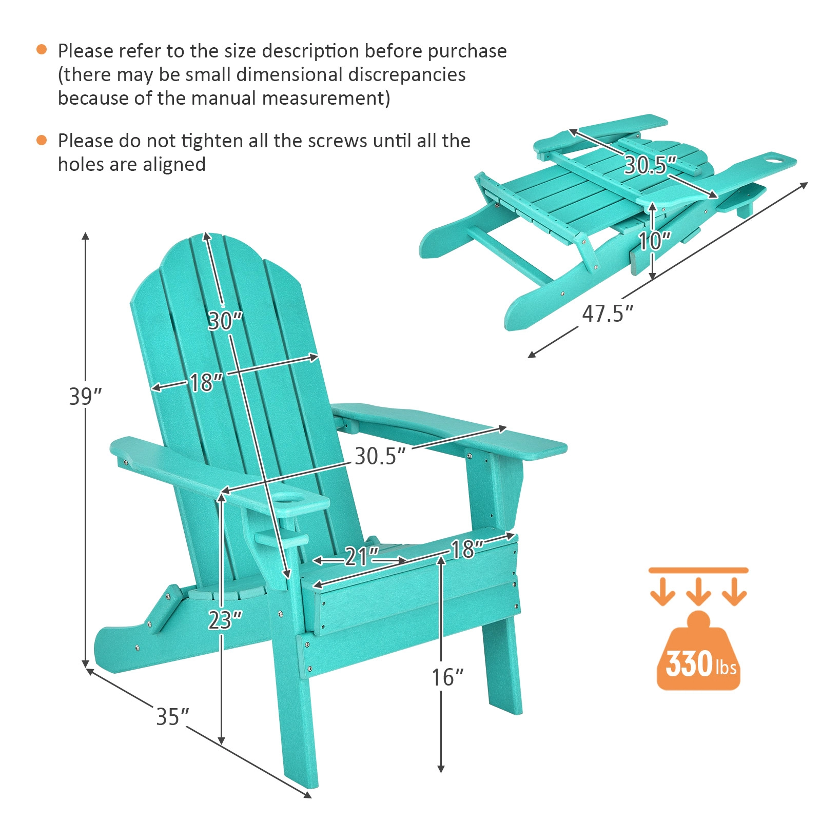 SUGIFT 330-lb Capacity Turquoise Fade Resistant PE Folding Adirondack Chair with Built-in Cup Holder