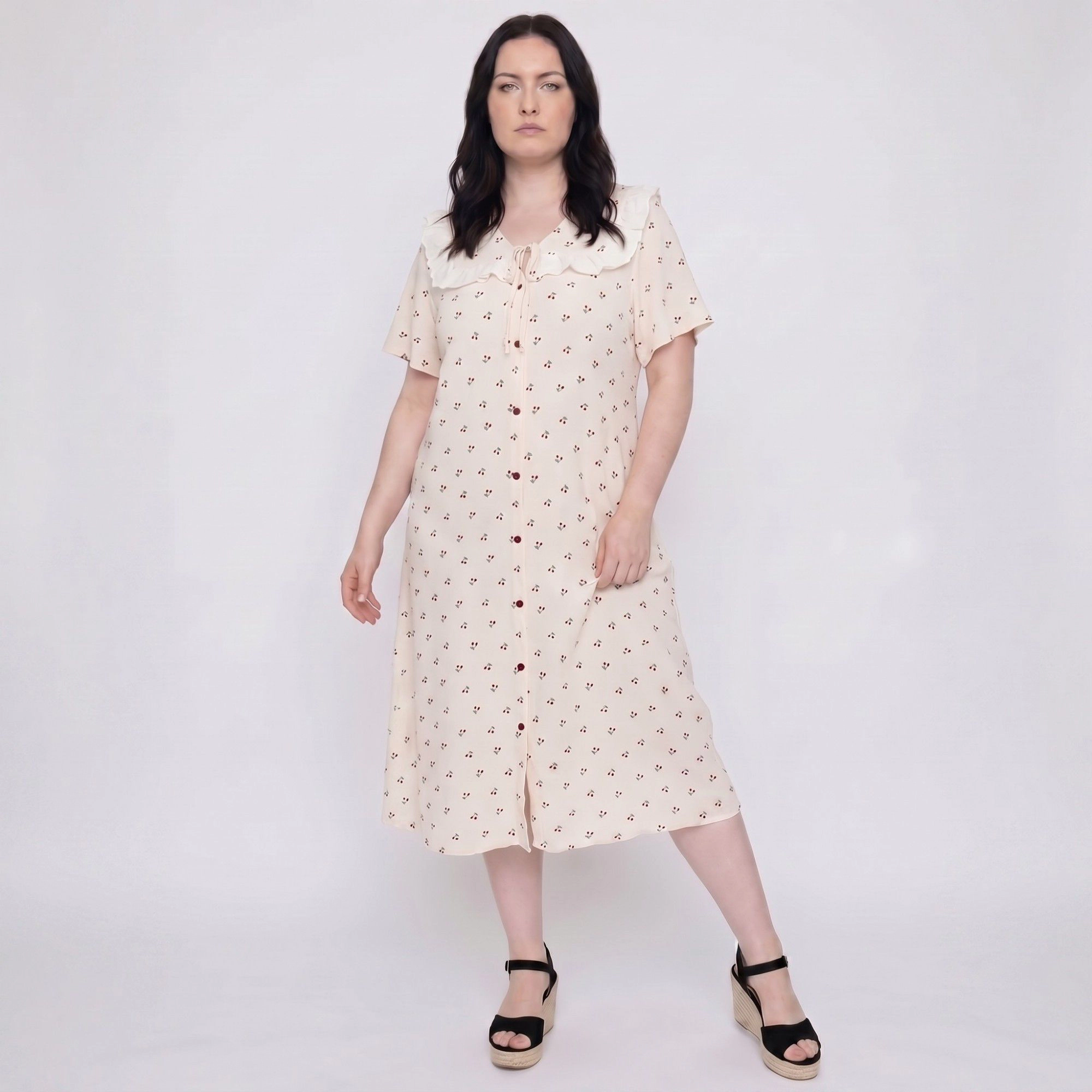 Anna-Kaci Women's Short Sleeve Button Front Midi Nightgown Ruffle Collar Tie Neck Sleep Dress