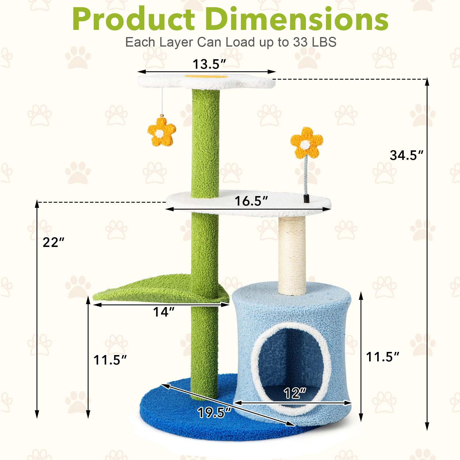 SUGIFT Blue 34.5 in 4-Tier Cat Tree with Leaf-Shaped Perch Condo and Jingling Balls