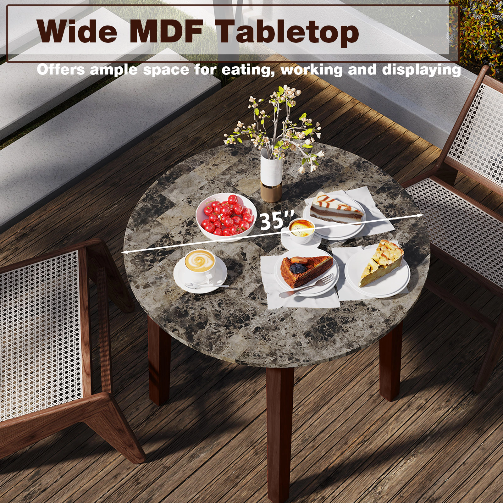 SUGIFT 35-in Round Dining Table with Rubber Wood Legs and Marble-Textured Veneer Tabletop 286-lb Capacity Brown