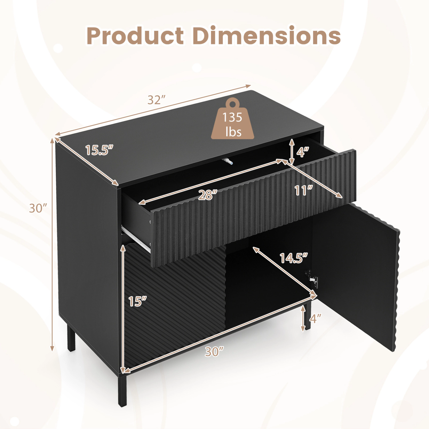 Glintex 32-Inch Fluted Buffet Cabinet with Press-to-Open Doors and Drawer, Black