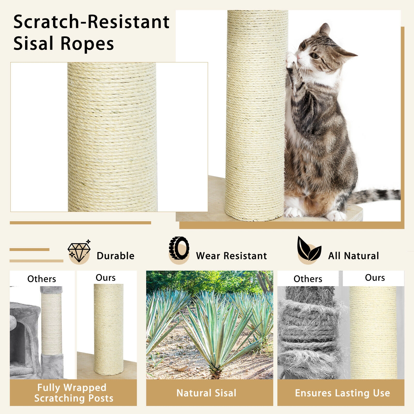 SUGIFT 77.5-in Beige Extra Tall Multi-Level Cat Tree Tower with Condo Sisal Posts and 33-lb Tiers