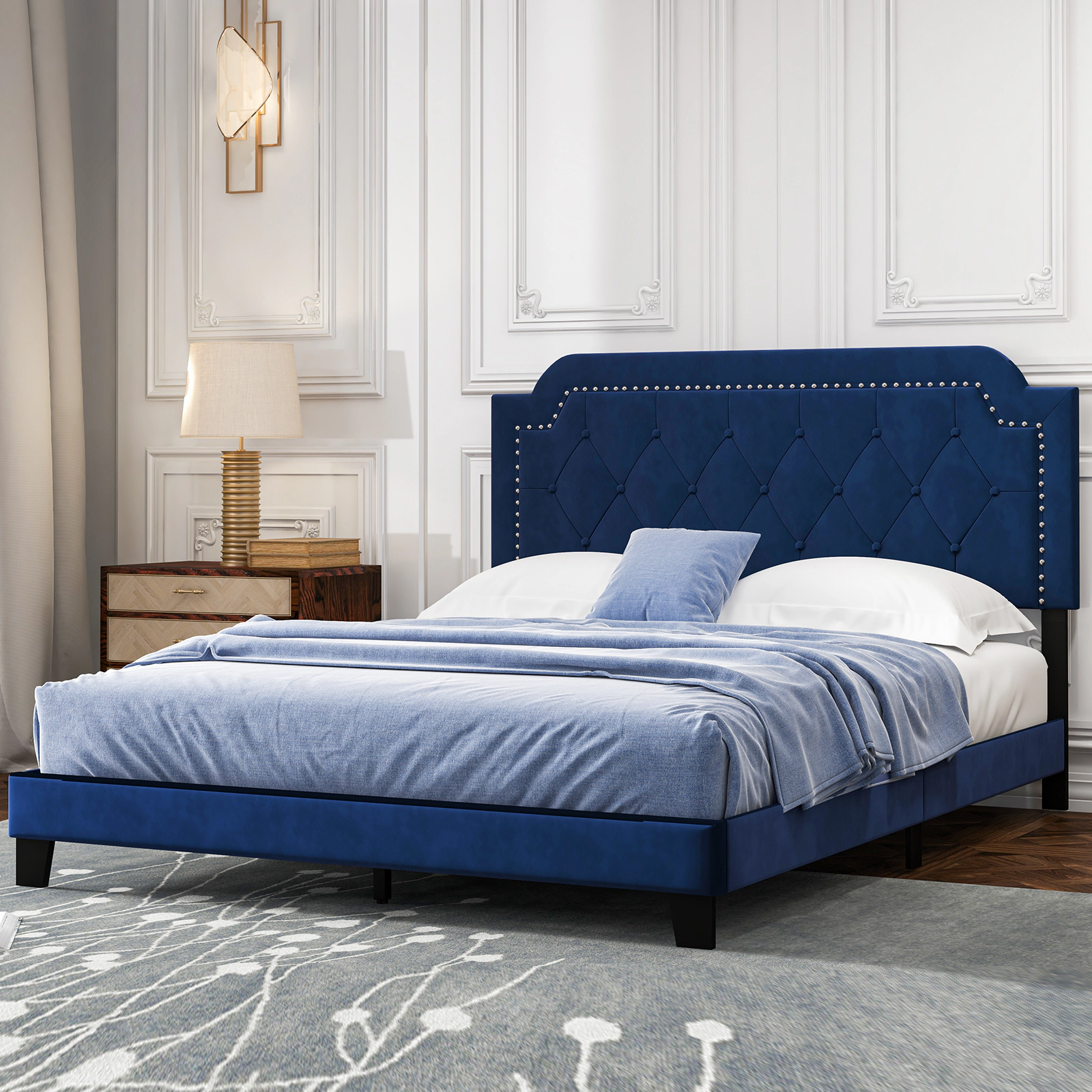 SUGIFT Velvet Upholstered Queen Bed Frame with Button Tufted Nailhead Headboard 800-Lb Capacity 85.5-in Length Blue