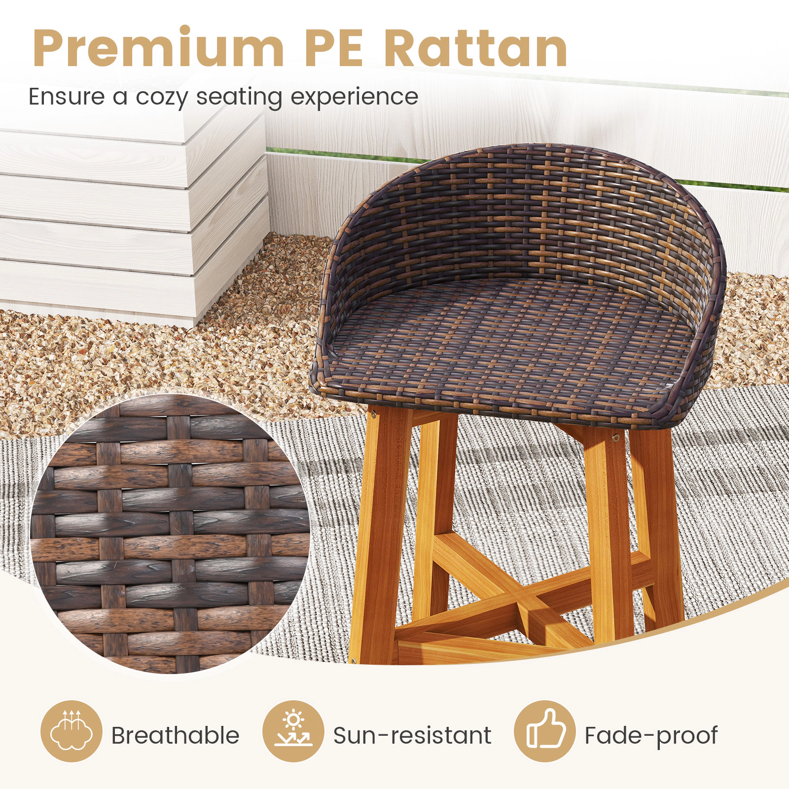 SUGIFT Acacia Wood Legs and Footrest 400-lb Set of 2 Outdoor Faux Rattan Bar Stools