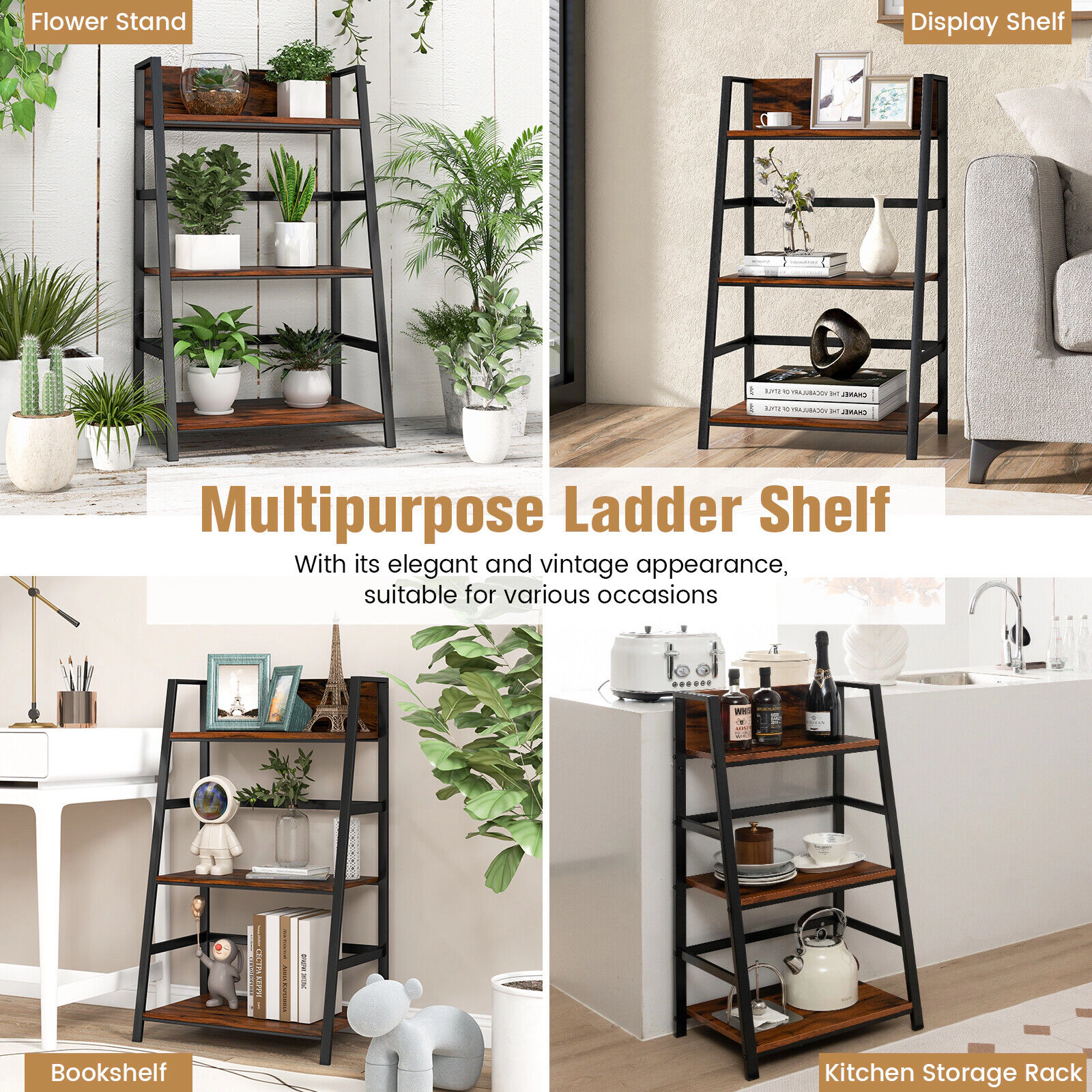 SUGIFT Rustic Brown 3-Tier Ladder Industrial Bookshelf with Metal Frame