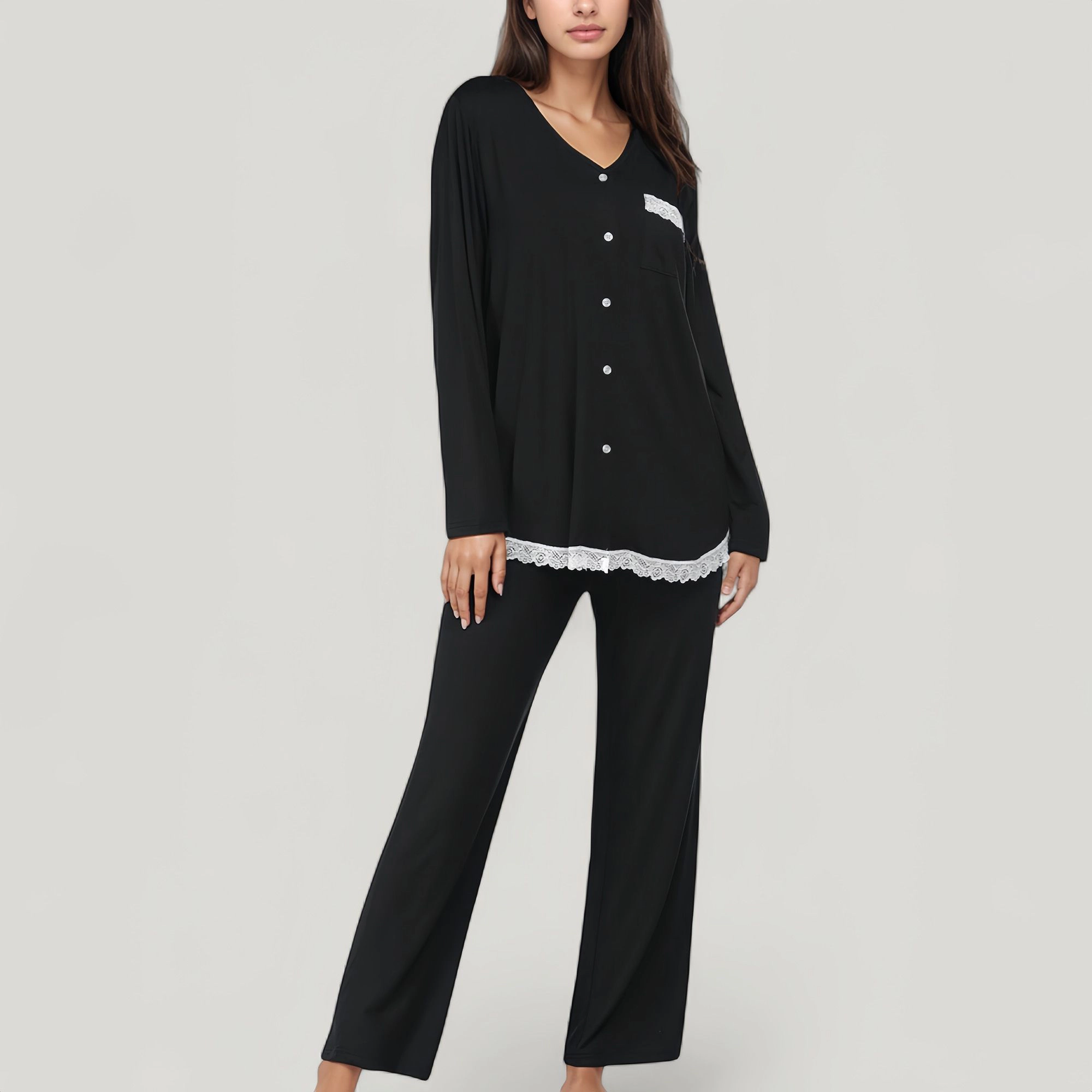 Anna-Kaci Women's Lace Trim Button Down Long Sleeve Top and Lounge Pants 2-Piece Pajama Set